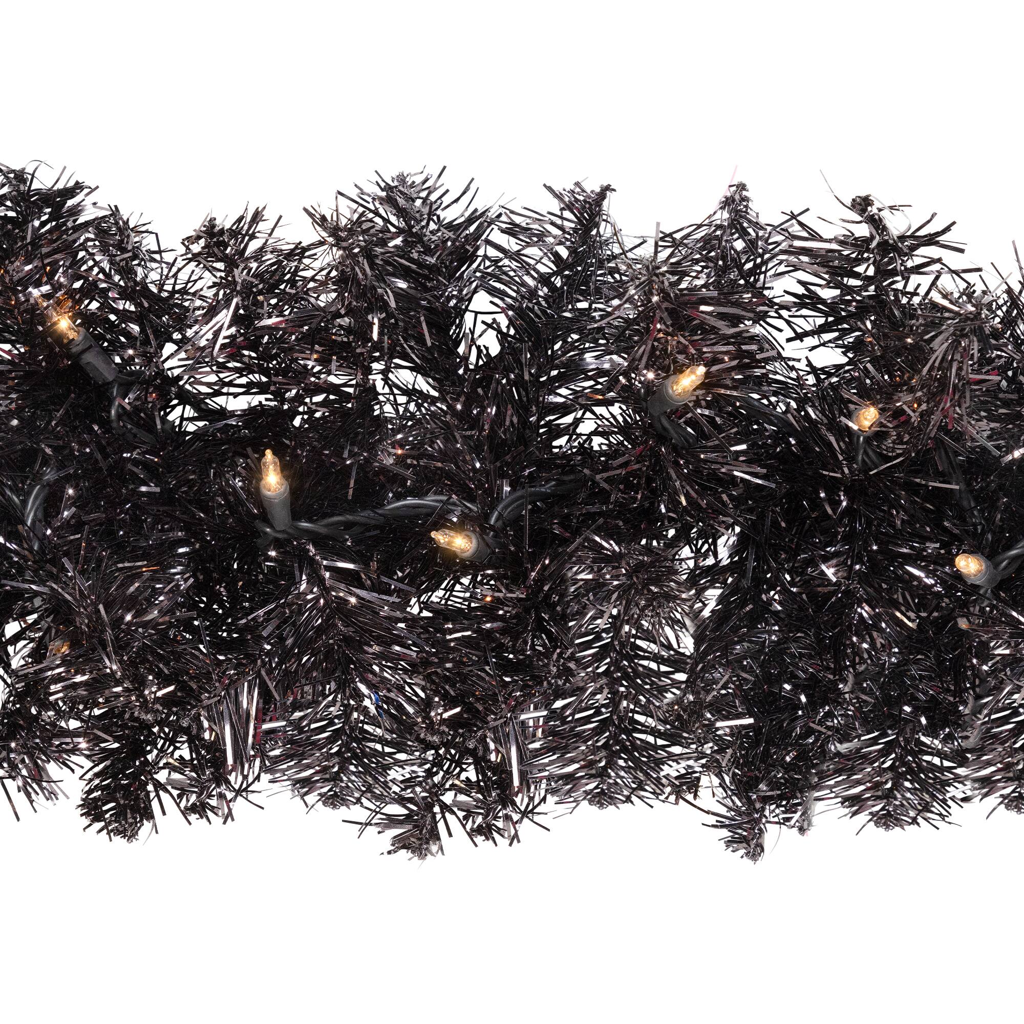 9ft. Pre-Lit Black Tinsel Garland, Clear Lights
